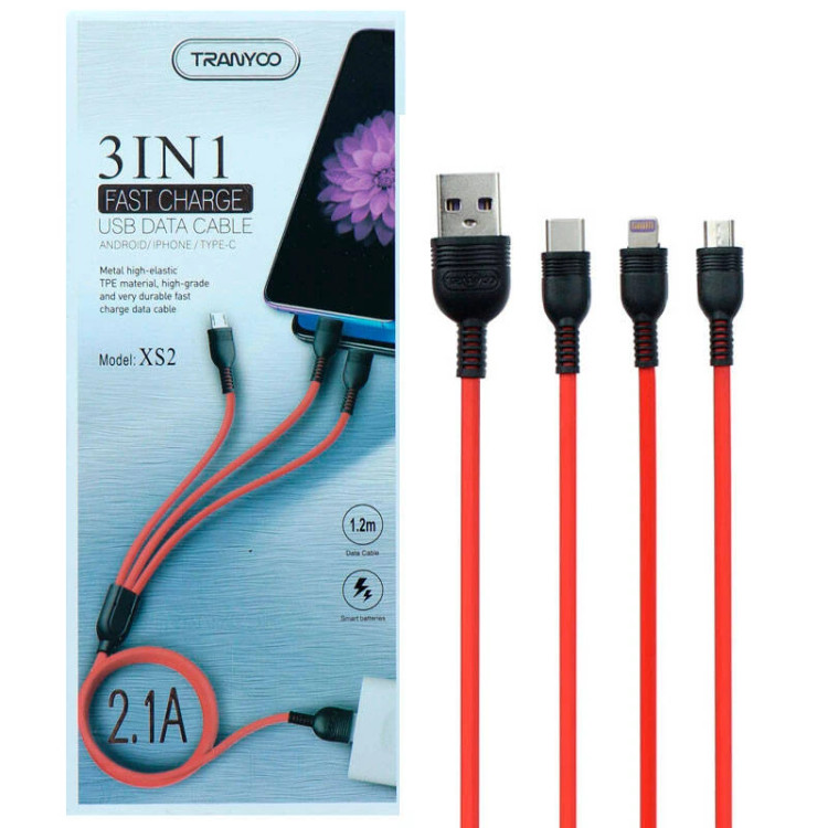 کابل تبدیل USB به microUSB / لایتنینگ/ USB-C ترانیو مدل XS2 3 IN 1 طول 1.2 متر