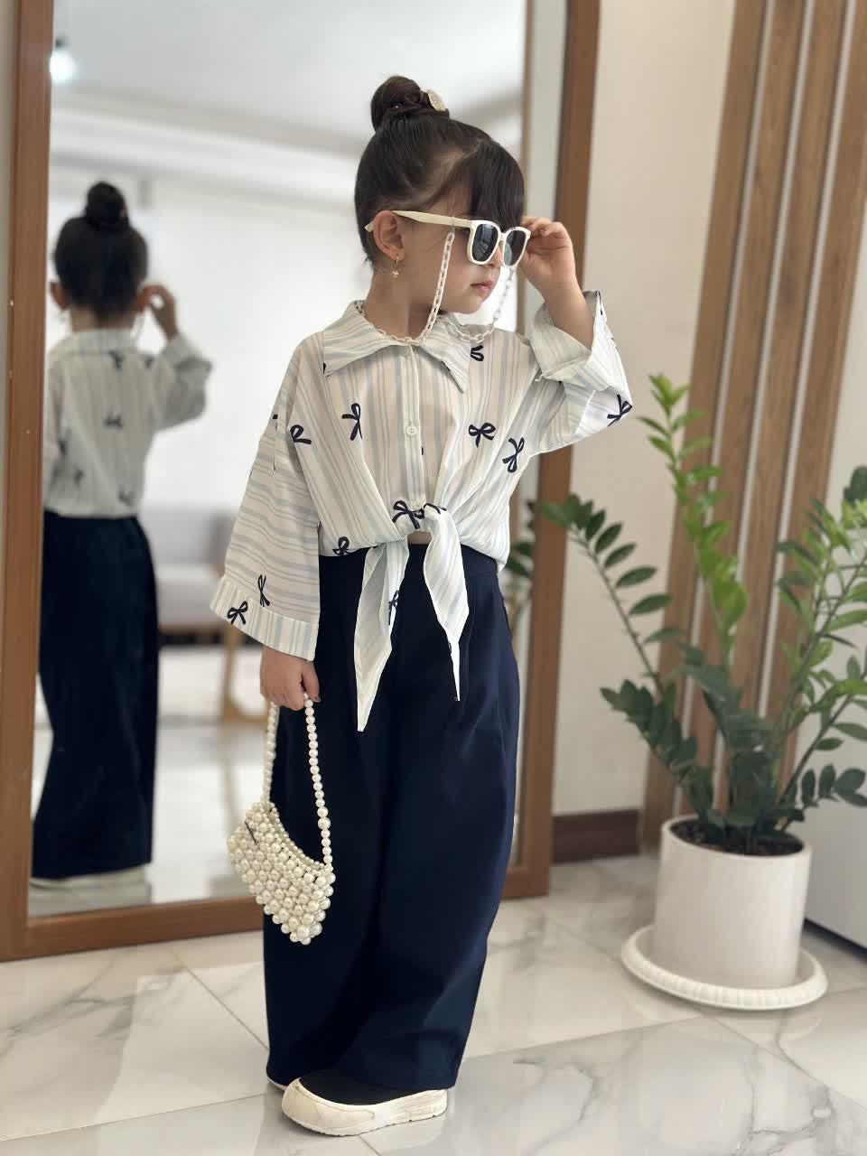 شومیز گره ای جلو دکمه خور و شلوار بگ جیب دار